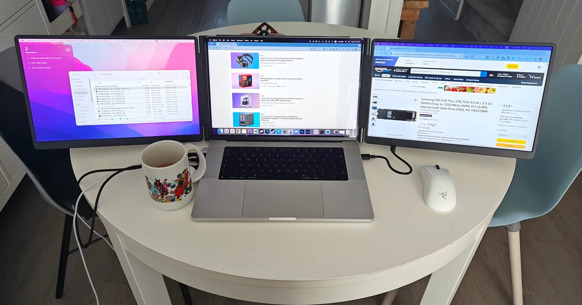Tools of the trade: a triple screen laptop is how I’m covering Amazon’s Prime Day sales